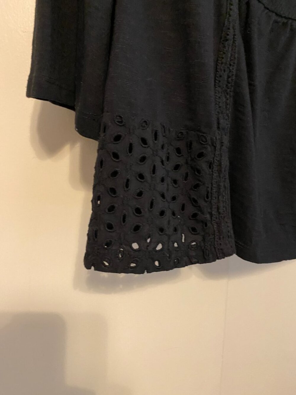 Style & Co. 3/4 length bell sleeve, black embellished blouse w/lace, size M